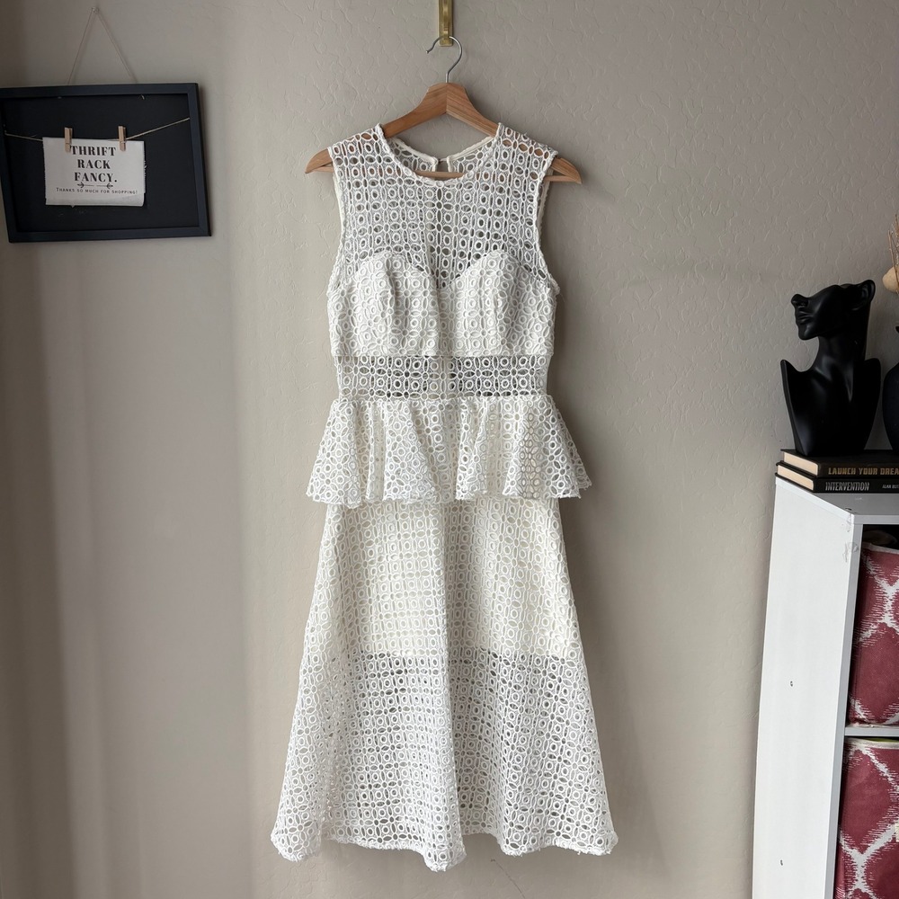 Self Portrait Dress White Lace Peplum Sleeveless Sheath‎ Midi Dress US 10
